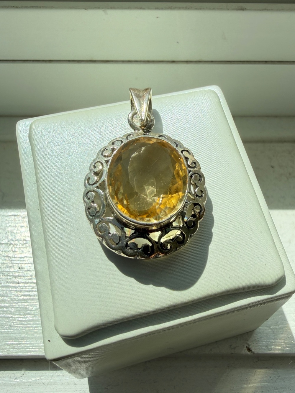 Stunning oval cut faceted 13x17mm Citrine pendant in stamped sterling silver!